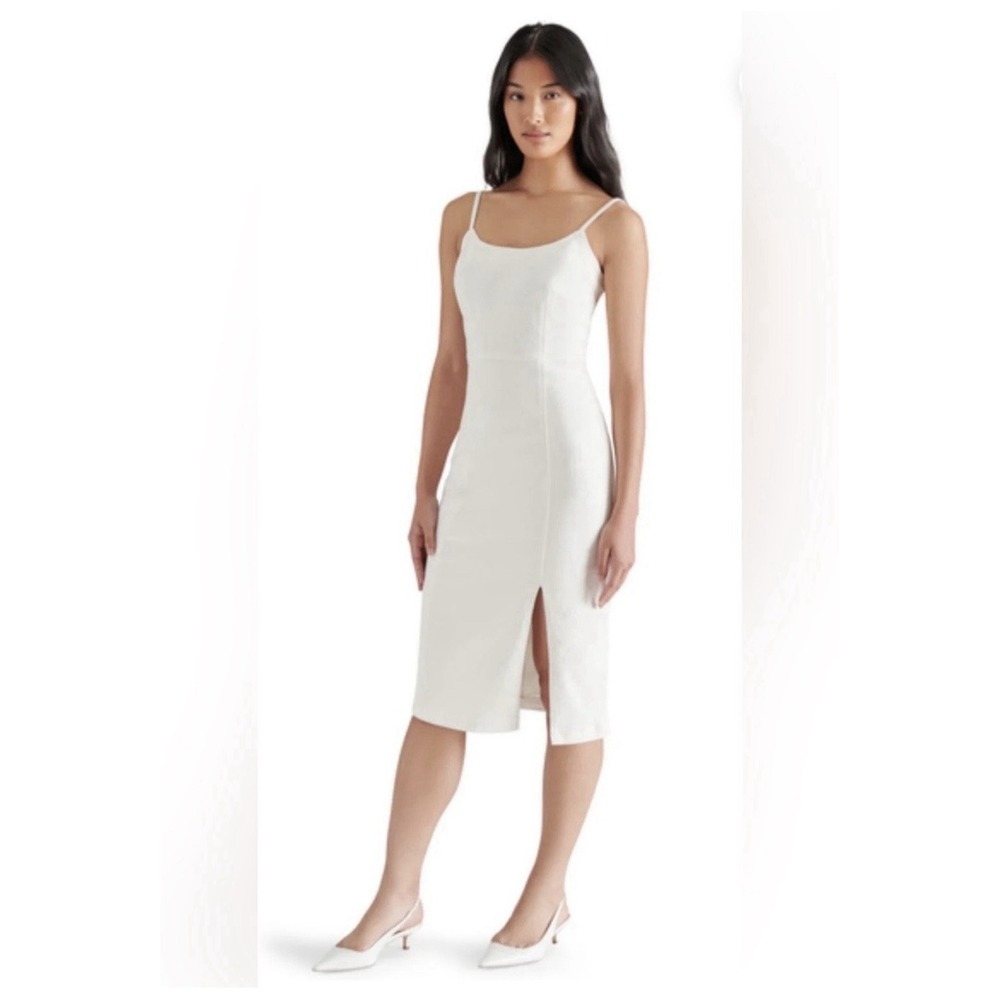 Steve Madden Giselle Denim Dress Womens 12 White New Fitted Midi Scoop Neck